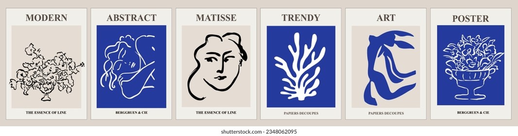 Set of contemporary posters with Matisse inspired abstract silhouettes of women, flowers and algae. Modern minimalistic wall art. Colorful flat vector illustrations of graphic interior decoration
