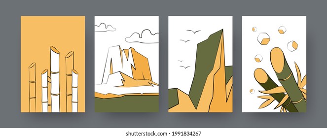 Afiches contemporáneos con plantas de caña de azúcar y icebergs. Cristales de hielo en el agua, cultivo de ilustraciones vectoriales de caña de azúcar. Agricultura, concepto de medio ambiente para diseños, medios sociales, postales