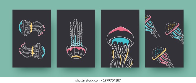 Set of contemporary posters with transparent medusas. Jellyfishes swimming up, down and sideways pastel illustrations. Aquarium, wildlife concept for designs, social media, postcards, invitation cards