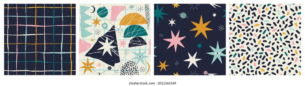 Set contemporary seamless patterns. Hand-drawn geometric shapes and doodle objects. Abstract contemporary modern trendy vector illustration. Stamp texture. Every pattern is isolated.
