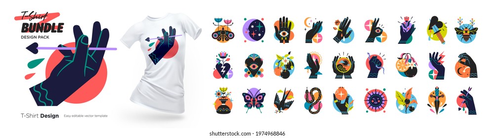 Set of contemporary t-shirt illustratiions with hands, animals and abstract elements and shapes. Vector illustration