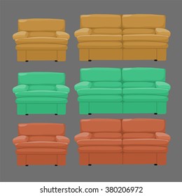 A set of contemporary upholstered furniture. The sofas and chairs. Isolated on gray background. Vector illustration.