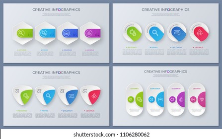 Set of contemporary vector infographic designs, tempates, charts with four options. Global swatches.