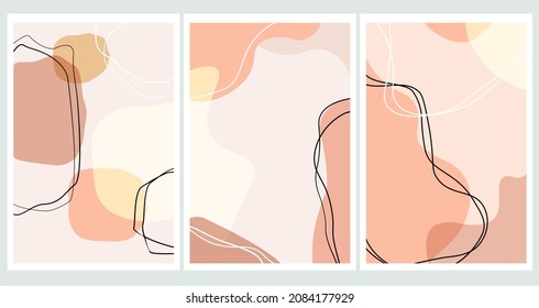 Un conjunto de fondos abstractos verticales contemporáneos o plantillas de tarjetas en colores, formas, líneas de un estilo artístico popular. Gráficos vectoriales.