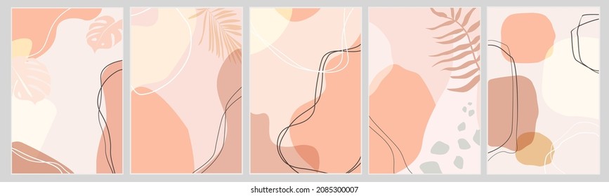 A set of contemporary vertical abstract backgrounds or card templates in modern colors, shapes, leaves, lines in a popular art style. Vector graphics.