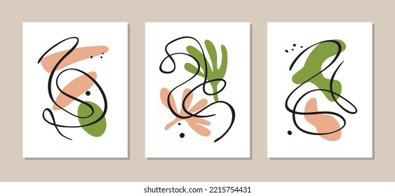 Set of contemporary wall art posters with abstract organic shapes and lines. Matisse-inspired modern background.  