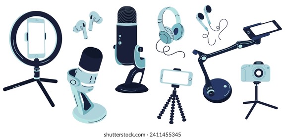 A set of content creation tools. Microphone, headphones, selfie stick, monopod, smartphone, ring lamp, tripod. Blogger set for recording videos, podcasts, photos. Vector cartoon illustration
