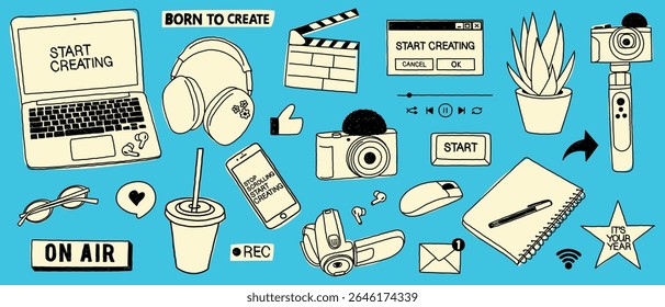 Set of content creation tools and social media elements. Doodle illustrations.