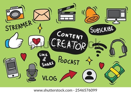 set of content creator doodle with color good for background, wallpaper, element design, etc