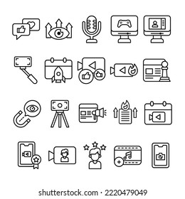 Set Of Content Creator Icon With Outline Style. Contains such Icons as Streaming, Hot Trending, Attention, Etc. 