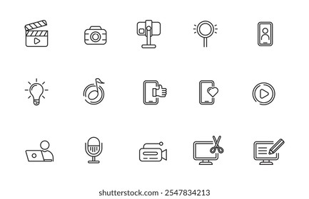 Set of content creator icon with outline style on a white background