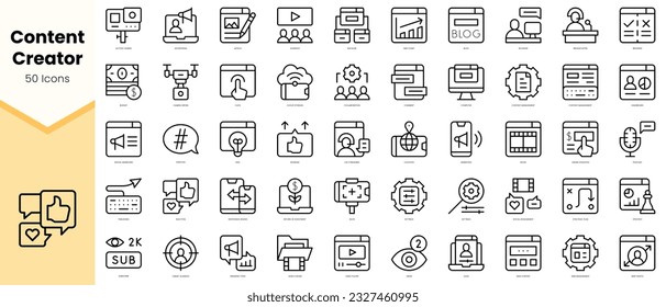 Conjunto de Icons creadores de contenido. Paquete de iconos de estilo de arte de línea simple. Ilustración del vector