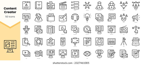 Set von Symbolen für die Inhaltserstellung. Paket mit einfachen Kunstsymbolen für Linien. Vektorgrafik