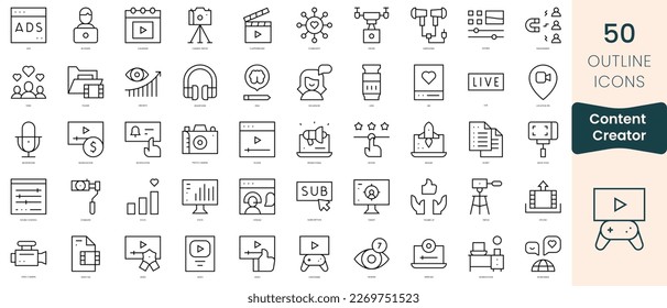 Conjunto de iconos de creador de contenido. Iconos de estilo lineal delgado Empaquetar. Ilustración vectorial