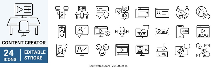 Defina a mídia e os ícones da Web da linha Content Creator. Coleção de ícones linear. Traçado editável. Ilustração vetorial