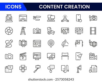 Set Content Creator line web icons, media. Linear icon collection.