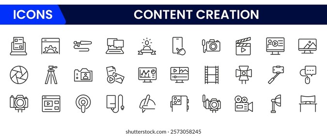 Set Content Creator line web icons, media. Linear icon collection.