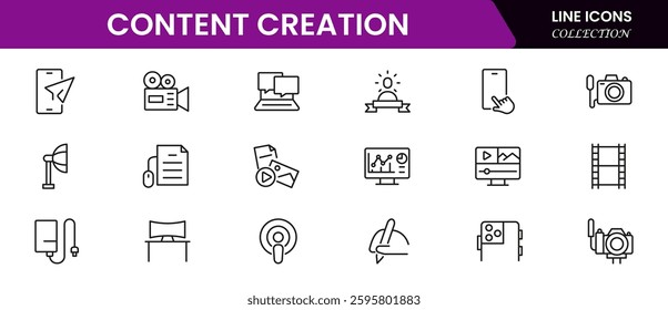 Set Content Creator line web icons, media. Linear icon collection.