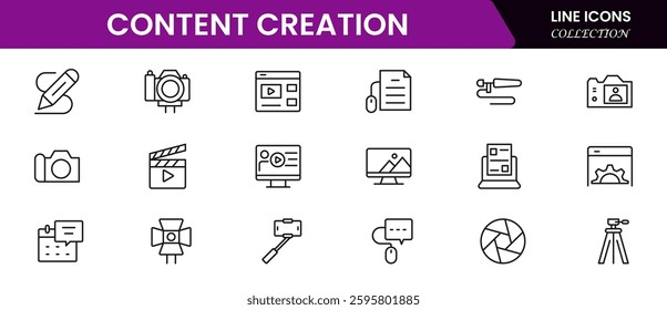 Set Content Creator line web icons, media. Linear icon collection.