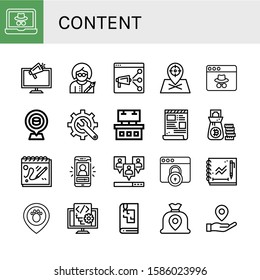 Set of content icons. Such as Webpage, Ads, Writer, Seo, Placeholder, Content, Script, Money bag, Sketchbook, Vlog, Viral , content icons