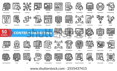 Set of content marketing web icons in line style. Containing branding, engagement, strategy, audience, campaign, social, media, conversion, traffic, promotion