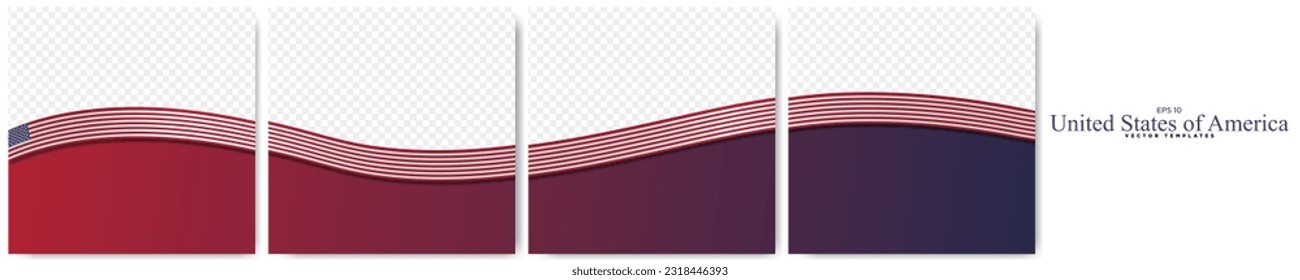 Set of Continuous American Flag Template Frames. Set of carousel USA Ribbon Flag card layout templates. Social Media template with flag of United States of America. Editable Vector. EPS 10.