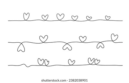Set of continuous drawing of heart shape in simple linear style.