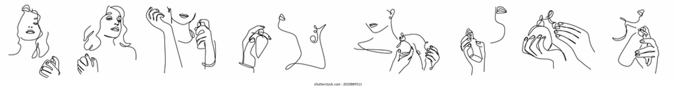 a set of continuous drawings of women's hands with a perfume bottle and a face contour in the minimalist style, close-up, cosmetics, magazine, print on a t-shirt, perfume concept