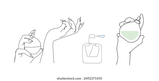 a set of continuous drawings of women's hands with a perfume bottle and a face contour in the minimalist style, close-up, cosmetics, magazine, print on a t-shirt, perfume concept