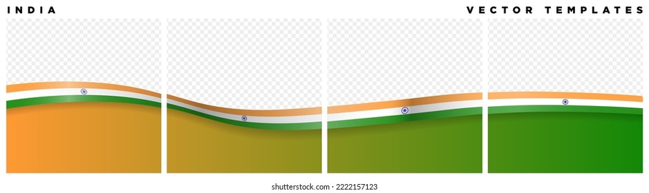 Conjunto de marcos de plantilla de marca continua de la India. Conjunto de plantillas de diseño de tarjetas de marca de cinta india carrusel. Plantilla de medios sociales con bandera de India. Ilustración de vectores editable.