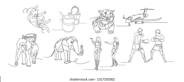 set of continuous line art drawing cat, tiger, people and elephant, vector illustration collection