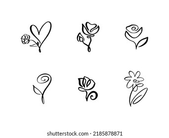Set of Continuous Line art Drawing Vector Calligraphic Flower logo. Black Sketch icon of Plants Isolated on White Background. One Line Illustration Minimalist Prints.