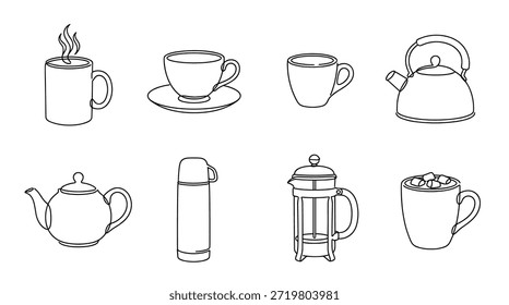 Conjunto de desenhos de arte de linha contínua de café e chá, incluindo uma caneca, xícara, chaleira, bule de chá, térmico, imprensa francesa e chocolate quente em um estilo minimalista
