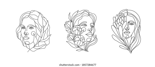 Set of continuous line art female faces with leaves and flowers. A modern set of minimalistic female portraits from lines in a trendy fashion style. Vector portraits of a woman, t-shirt with print