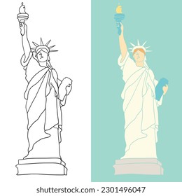 Set of continuous line art, one line, single line logo statue of Liberty illustration