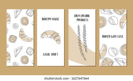 Set with continuous line bakery products (bun, croissant). Vector line art. Perfect for bakery shop logo, business cards, cafe menu, restaurant banners, food flyers, icon, packaging design, label