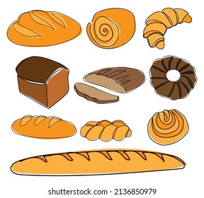 Está equipado con pan de línea continua. Arte de línea de vectores. Producto de panadería para logotipo, diseño de embalaje, icono, marca