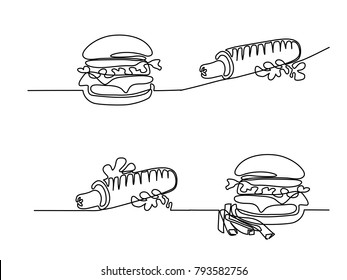 Set continuous line drawing. Big Hamburger with French fries Fast food. Vector illustration black line on white background.