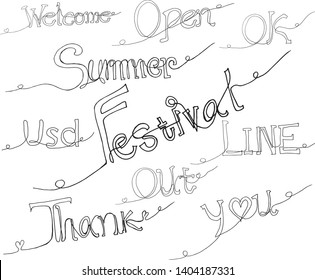 Set of continuous line drawing calligraphy text Seamless pattern of festivel, summer, welcome, open, you, thank, out, line.  Vector illustration.