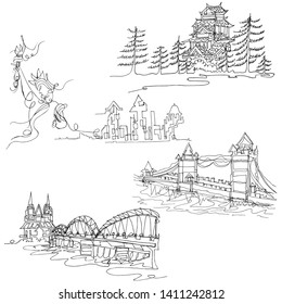 Set of continuous line drawing cityscape with famous landmarks and sights. design icons. Landscape. The most beautiful river bridge.Vector illustration.