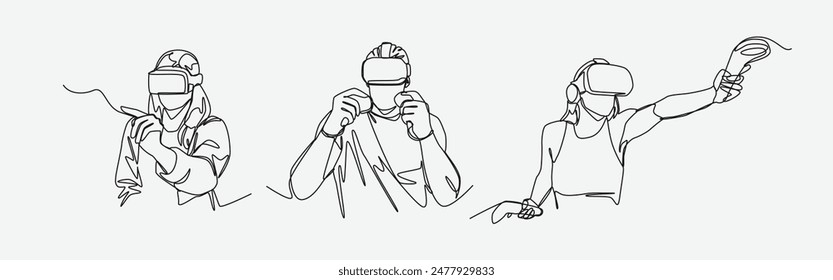 Set continuous line drawing of different people using vr headset. playing game, learning, watching with virtual reality. Editable line. Graphic illustration.