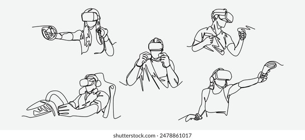 Set continuous line drawing of different people playing game using VR headset. Editable line. Graphic illustration.