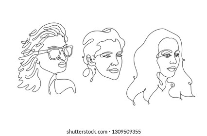 Set of Continuous line, drawing faces and hairstyle, fashion concept, woman beauty minimalist. Freehand drawing. Vector illustration. Isolated on white background.