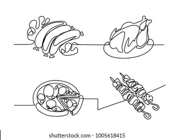 Set Continuous Line Drawing. Fried Sausages With Lettuce Leaves And Mushroom. Fast Food. Vector Illustration Black Line On White Background.