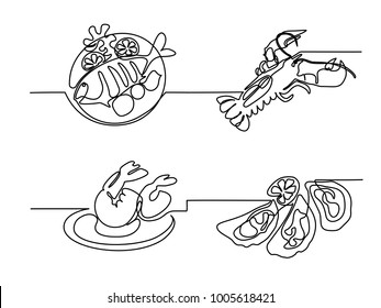 Set continuous line drawing. Grilled fish on plate with lemon and potato. Vector illustration black line on white background.