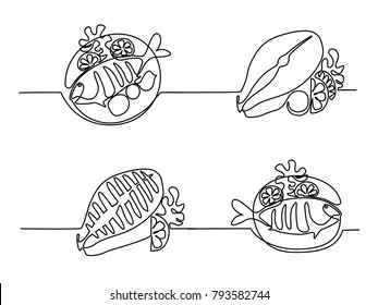 Set continuous line drawing. Grilled fish on plate with lemon and potato. Vector illustration black line on white background.