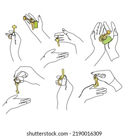 Set Continuous line drawing. The hand holds the keys to the car or apartment. Real estate sale concept. Vector illustration isolated on white background