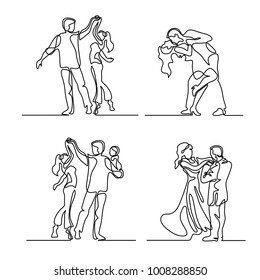 Set continuous line drawing. Happy loving couple dancing. Vector illustration