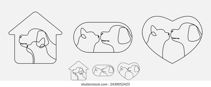 Conjunto de línea continua dibujando cabeza de gato y perro con un corazón. Logotipo decorativo lineal único, tienda de mascotas o diseño veterinario. Ilustración vectorial de trazo editable.