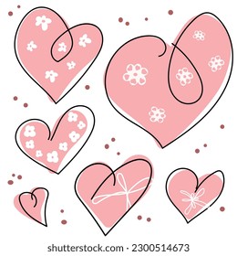 Establecer. Dibujo de línea continua de una ilustración de concepto de amor minimalista de vectores de corazón, negro y blanco. Doodl.
